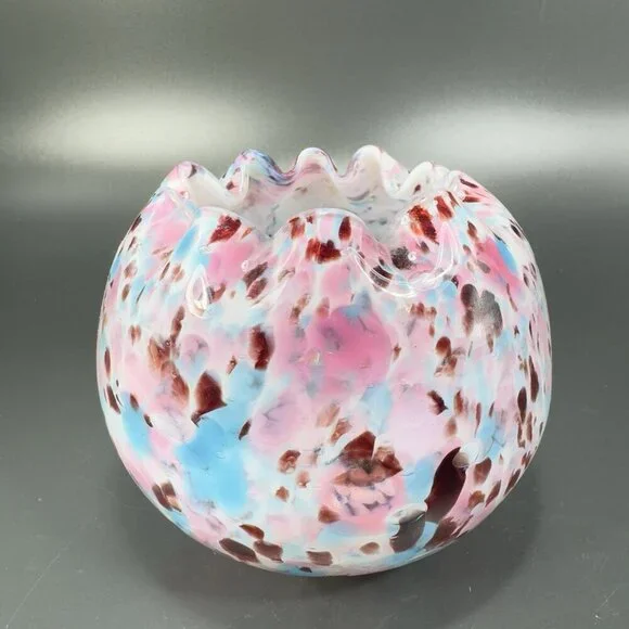 Czech Art Glass Rose Bowl Dish Hand Blown Multicolor Spots Bowl Ruffled‎ Edges - Picture 14 of 14
